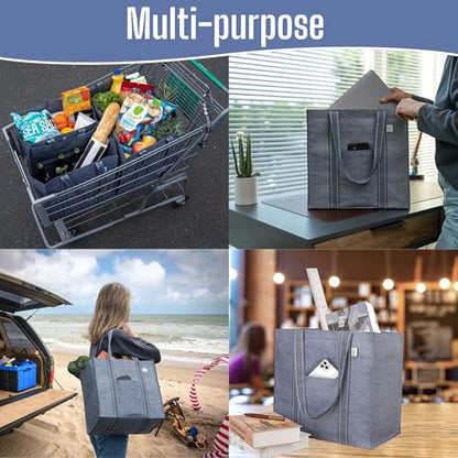 VENO 4 Pack Reusable Grocery Bags, Heavy-Duty Shopping Bags with Handles, Bags for Shopping Cart with Hard Bottom to Stand Upright, Foldable, Multi-Purpose(Gray, 4 Pack) - color: Gray