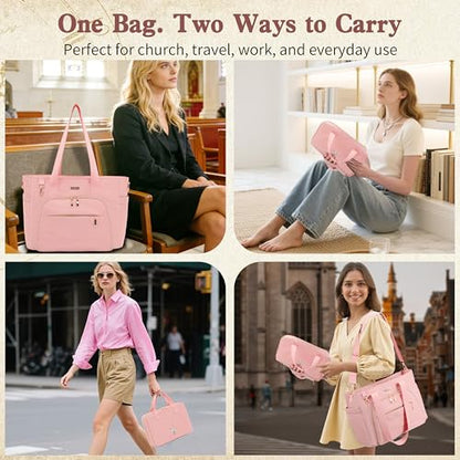 Large Bible Bag for Women, 2-in-1 Bible Tote with Detachable Embroidered Bible Cover & Study Supplies, Church Bible Study Bag, Gift-Ready Christian Gift for Women (Pink) - color: Pink