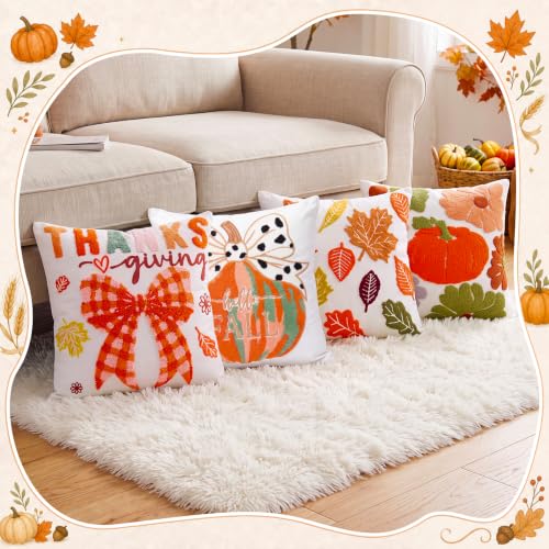 Mixweer 4 Pcs Fall Pillow Covers Set, 18 x 18 Inch Embroidered Autumn Throw Pillow Cases, Harvest Thanksgiving Square Throw Cushion Cover for Couch Sofa Bed Home Decoration - style: Fall