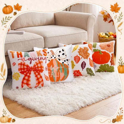Mixweer 4 Pcs Fall Pillow Covers Set, 18 x 18 Inch Embroidered Autumn Throw Pillow Cases, Harvest Thanksgiving Square Throw Cushion Cover for Couch Sofa Bed Home Decoration - style: Fall