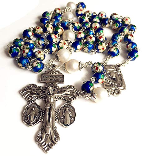 elegantmedical Handmade NICE Blue CLOISONNE & 10mm Pearl BEADS ROSARY NECKLACE Italy Parden cross Crucifix Catholic gift