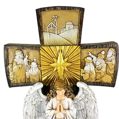 Christian Brands Beautiful Christmas 14" H Tabletop Nativity Cross. One Piece Nativity Set with Figures of The Holy Family and and Holy Spirit Angel and Detailed Carvings of Three Kings, Shepherds