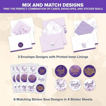 Decorably 24 Pack Glittery 6x4in Purple Thank You Cards with Envelopes - style: Purple