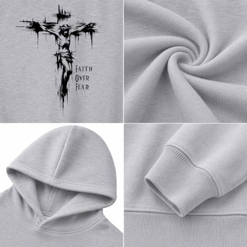 BINTEHGS Faith Over Fear Hoodie Christian Religious Hoodies for Men Oversized Cross Graphic Sweatshirts Jesus God Pullover - color: Light Gray, size: XX-Large