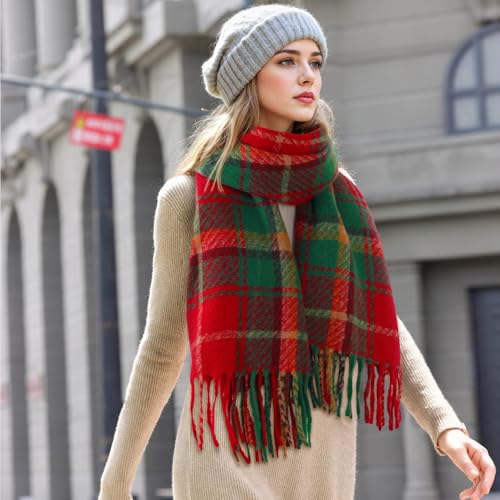 Clothirily Womens Winter Scarf, Oversized Long Blanket Plaid Shawl Wrap - color: Red & Green Plaid