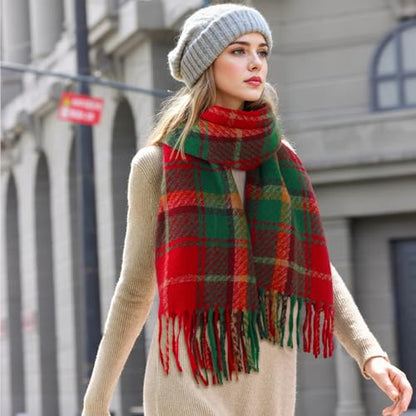 Clothirily Womens Winter Scarf, Oversized Long Blanket Plaid Shawl Wrap - color: Red & Green Plaid