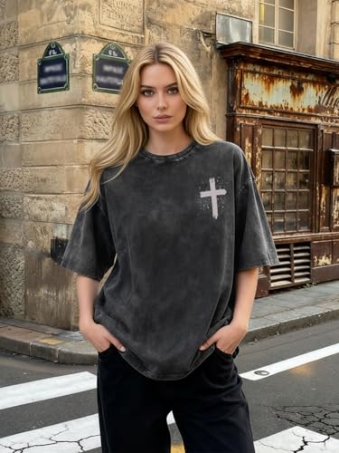 Christian Shirt for Men Jesus Loves You Shirt Oversized Acid Wash Tops - color: Darkgrey, size: X-Large