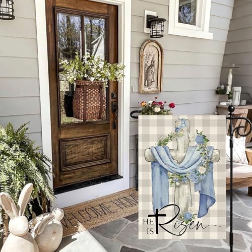 Artscope He Is Risen Easter Garden Flag 12x18 Inch Double Sided for Outside, Christian Cross Wreath Sign Garden Flag for Holiday Yard Outdoor Decoration