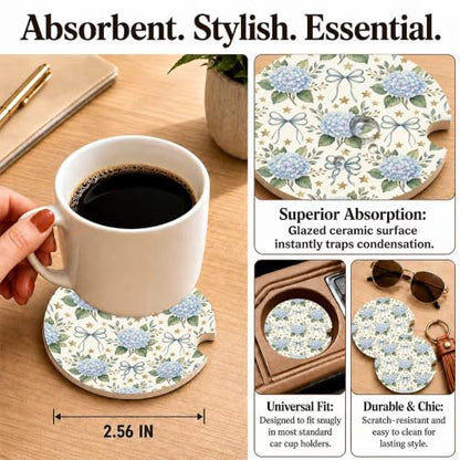 Blue Hydrangea Bow Coquette Car Coasters, Retro Floral Cup Holders, 22 - color: Blue Hydrangea Bow