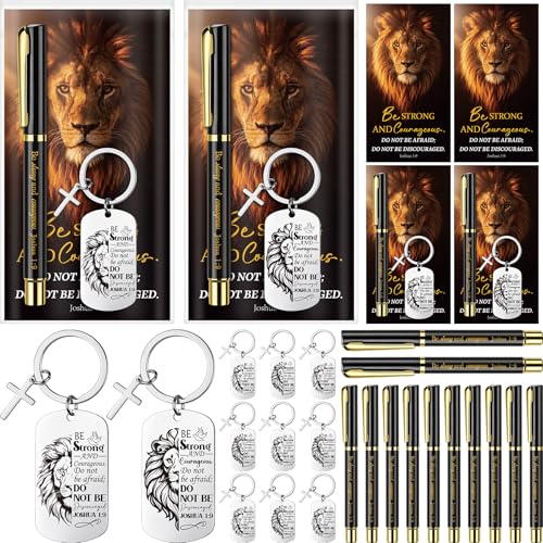 Gueevin 48 Sets Be Strong Christian Gifts for Fathers Day Bulk, Bible Verse Keychain Pen Card Gift Set for Men Dad Pastor Church (Be Strong)