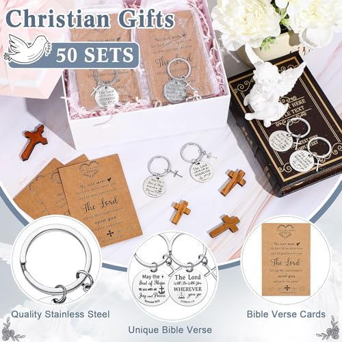 Siifert 50 Set Christian Cross Keychains Bulk Christian Keychain Bible Verse Religious Prayer Gifts for Women Men - color: Round Style