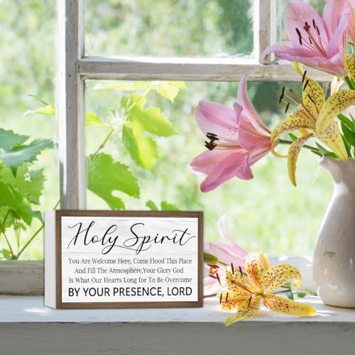 Ruvoty Holy Spirit You Are Welcome Here Bible Verse Wooden Box Sign Desk Decor,Rustic Scripture Wood Block Plaque Sign for Christian Farmhouse Home Office Shelf Tabletop Wall Decor