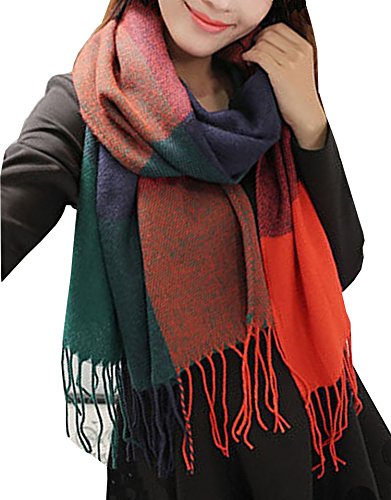 Wander Agio Women's Fashion Long Shawl Big Grid Winter Warm Lattice Large Scarf - color: Orange Blue1