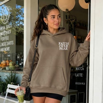 Wrenpies Faith Over Fear Hoodie for Women Christian Jesus Bible Verse Sweatshirt God Religious Oversized Tops - color: Coffee, size: X-Large