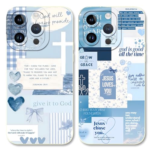 2 Pack Bible Verse Phone Case for iPhone 14 Pro 6.1", Jesus Bow Heart Blue Pattern Aesthetic Design Cases Soft Silicone TPU Slim Shockproof Protective Bumper Phone Cover for Women Children - color: Heart, size: for iPhone 14 Pro