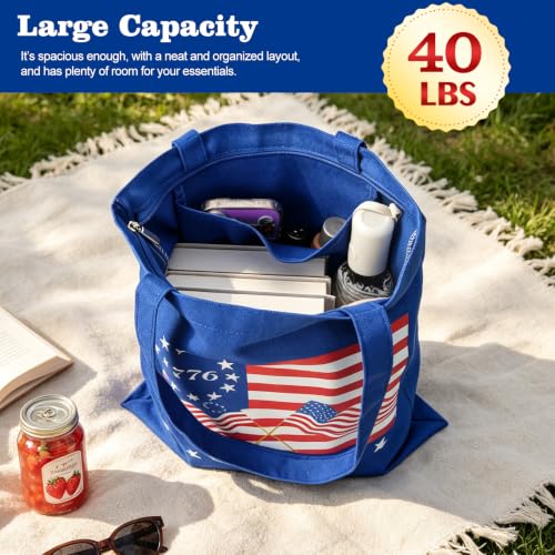 Canvas Tote Bag with Zipper, Halloween Trick or Treat Bags for Kids Bulk - color: [A0] Freedom - Blue