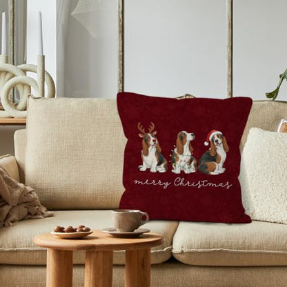 Merry Christmas Basset Hound Throw Pillow Covers 18x18 Home Decor - color: Basset
