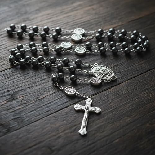 Nazareth Store St Michael Rosary Hematite Stone Beads Necklace Metal Beaded Glory Beads Archangel Medal & Cross with Metal Gift Box - color: Silver | Jesus Cross