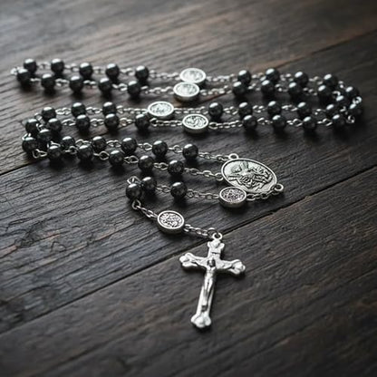 Nazareth Store St Michael Rosary Hematite Stone Beads Necklace Metal Beaded Glory Beads Archangel Medal & Cross with Metal Gift Box - color: Silver | Jesus Cross