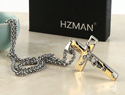 HZMAN Men's Stainless Steel Cross Crucifix Bible Prayer Pendant Necklace - color: Gold