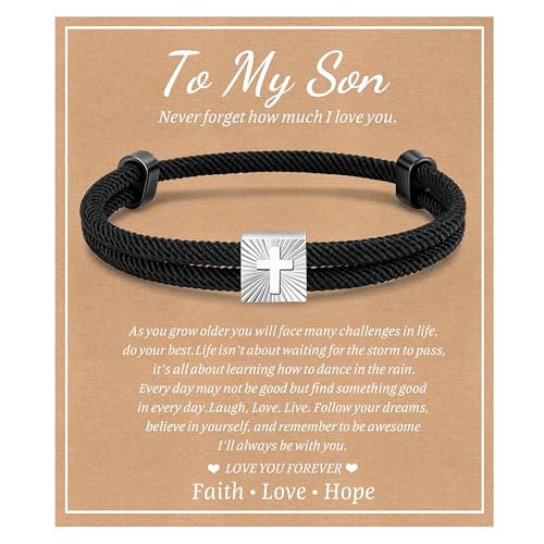 MEALGUET Christian Gifts Cross Bracelet for Boys : Adjustable Black Rope Faith Cross Bracelets for 6 8 10 12 14 16 Years Age Teenage Young Boy Son, Religious Jewelry Gift Ideas for Easter Baptism - style: To My Son