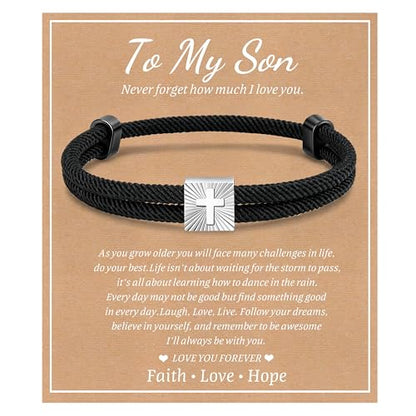 MEALGUET Christian Gifts Cross Bracelet for Boys : Adjustable Black Rope Faith Cross Bracelets for 6 8 10 12 14 16 Years Age Teenage Young Boy Son, Religious Jewelry Gift Ideas for Easter Baptism - style: To My Son