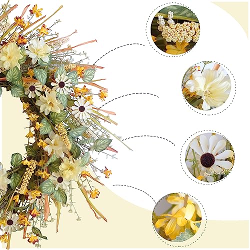 idyllic 22 Inches Spring Wreath for Front Door with Yellow and White Daisies Flowers, Ear of Wheat, Green Leaves, Fall Harvest Wreath for Festival Thanksgiving Farmhouse Wall Home Decor - size: 22 Inch