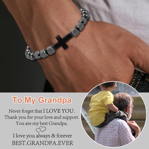 Cross Bracelet for Boys Teens, Adjustable Obsidian Beads Bracelets Christian Religious Jewelry Gifts for Teen Teenage Boys - style: To My Grandpa