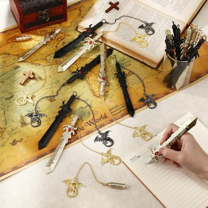 Sayglossy 12 Set Dragon Sword Pens Gifts Bulk Black Ink Golden Pendant