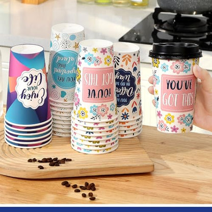 100 Pack 16 oz Paper Coffee Cups with Lids 5 Quotes - style: Motivational