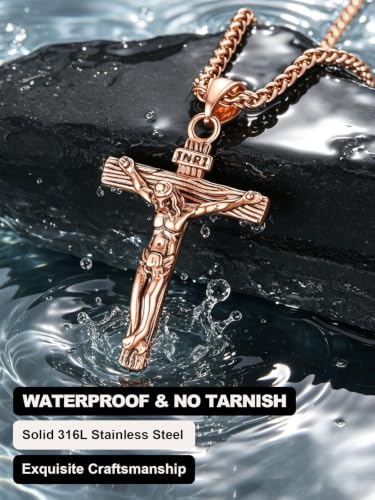 U7 Crucifix Cross Necklace for Men,with 18"-26" Chain - color: 04.Rose Gold
