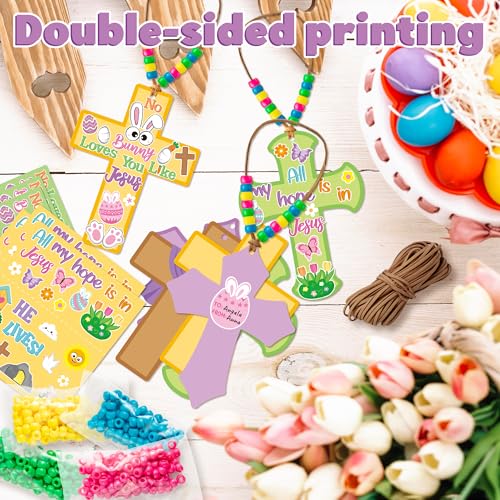 BeYumi Easter Cross Necklace Craft - 28Pcs Easter Religious Cross Necklace Craft Kit for Kids DIY He is Risen Sticker and Beads Christian Decor Sunday School Classroom Party Activities - style: Easter