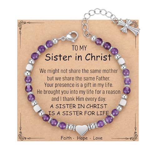 TONY & SANDY Christian Gifts for Women, Religious Cross Bracelet Faith Jewelry, Confirmation Baptism Christmas Birthday Gifts for Women, Unique Gifts for Teens Girls Kids Adults - style: Sister in Christ - Amethyst