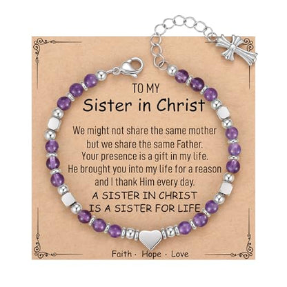 TONY & SANDY Christian Gifts for Women, Religious Cross Bracelet Faith Jewelry, Confirmation Baptism Christmas Birthday Gifts for Women, Unique Gifts for Teens Girls Kids Adults - style: Sister in Christ - Amethyst