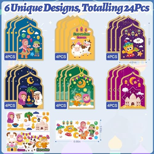 PAIVSUN 24Pcs Ramadan Crafts for Kids, Make You Own Eid Mubarak and Ramadan Kareem Craft Kit, DIY Mosque Scene Religious Sticker Activities Hanging Ornaments for Classroom Party Favor Supplies - style: Ramadan