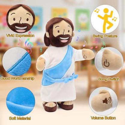 Yelakey Dancing Jesus Doll, 14" Musical Jesus Plush with 4 Christian Songs, Interactive Christian Plush Toy for Kids and Adults, Christmas Easter Baptism Gift