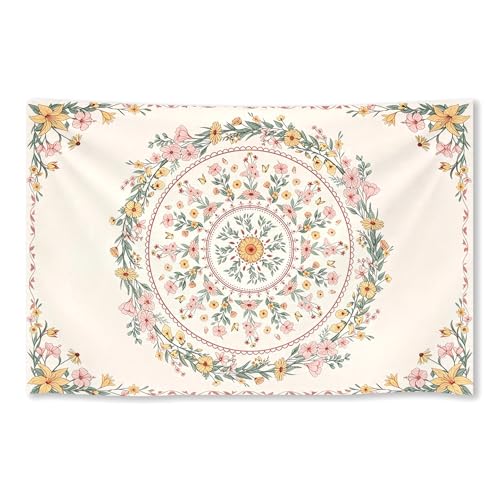 WIUHIO Bohemian Mandala Flower Tapestry Beige Pink Floral Aesthetic Wall Hanging Trendy Wildflower Medallion Print For Girly Apartment Wall Decor 40 x 60 inches - color: Beige, size: 60"L x 40"W