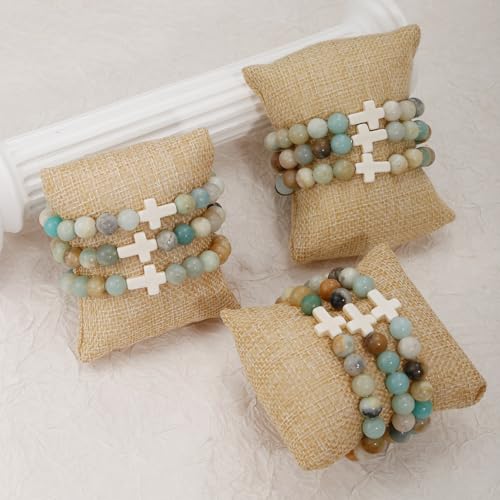 COLOYAN 9Pcs Cross Natural Stone Beaded Stretch Bracelets for Women - color: B-amazonite