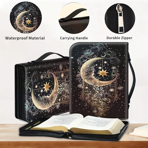 Bible Cover for Women Large PU Leather Zippered Bible Case with Handle and Beautiful Girl Moon Design, Christian Bible Cover for Girls & Women, Cover Fits Standard 9.5"x7.5"x2.3" Bible - color: Beautiful Girl Moon