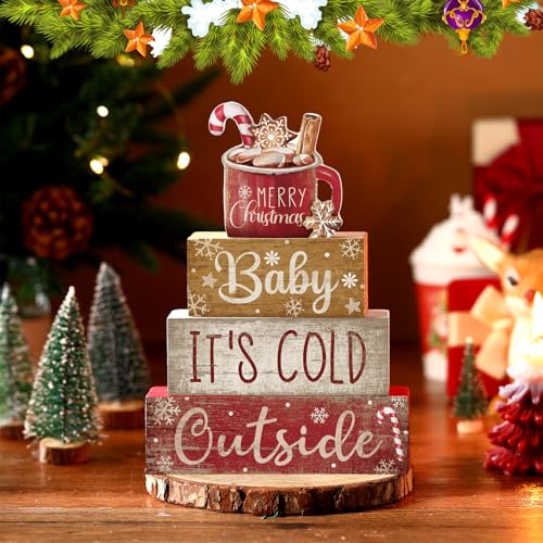 Moucuny 4 Pcs Christmas Table Decorations Indoor, Hot Cocoa Wood Block Sign - style: Cocoa