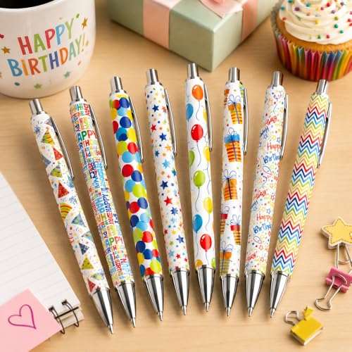 8PC Birthday Pens Ballpoint Writing Pen Bulk Gift Set Happy Birthdays Balloon Colorful Party Supplies Favors Journal Planner Desk Office Accessories Stationery Gifts for Students Adults Men Women - style: Birthday