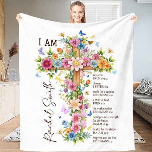 ENCYCOM Personalized Gods Say You are Blanket – Christian Faith Throw Blanket Bible Verses, Affirmation Religious Bedding for Women, Christmas Birthday Gift (Faith Cross Floral)