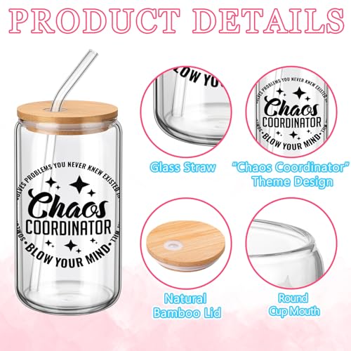 SiliFine Chaos Coordinator Gifts for Women, 6 Pcs Glass Cups with Lids - style: Chaos Coordinator