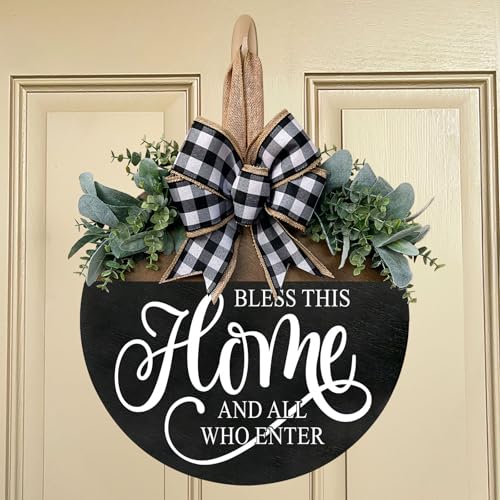 Bless This Home Welcome Sign for Front Door, Rustic Wood Wall Decor Porch Wreaths Hanging Door Decorations for Home Outdoor for Spring Summer Fall All Seasons Holiday - color: Black-12 Inch