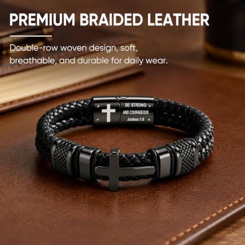 Christian Cross Bracelet Gift for Men, Double-Row Braided Leather Bracelet - color: Joshua 1:9, size: Fits Wrist 7.1-7.5 Inches