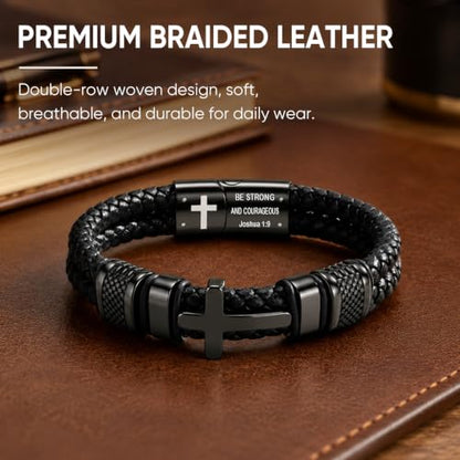 Christian Cross Bracelet Gift for Men, Double-Row Braided Leather Bracelet - color: Joshua 1:9, size: Fits Wrist 7.1-7.5 Inches