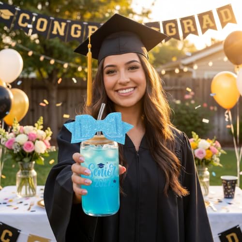 Class of 2027 Senior Gifts - Senior 2027 Blue Glass Tumbler with Glitter Bow, Graduation Gift for Girls Women Player College High School Daughter Friends Graduates - style: blue senior