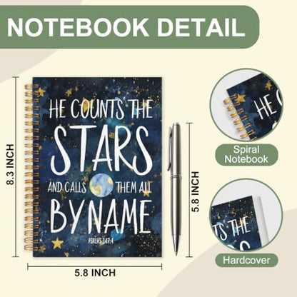 Stars Psalms147:4 Bible Notebook for Women Men, Christian Journal,He Countes The Stars Christian Church Notebook Hardcover Spiral Notebook, 5.5x8.3 Inch - color: white-Stars Psalms147:4 Bible