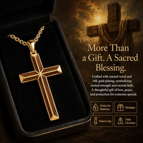 14K Gold Plated Wood Cross Necklace for Men Christian Pendant Jewelry - color: A03-Cross