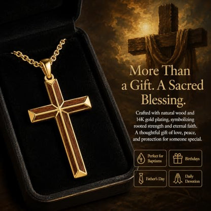 14K Gold Plated Wood Cross Necklace for Men Christian Pendant Jewelry - color: A03-Cross